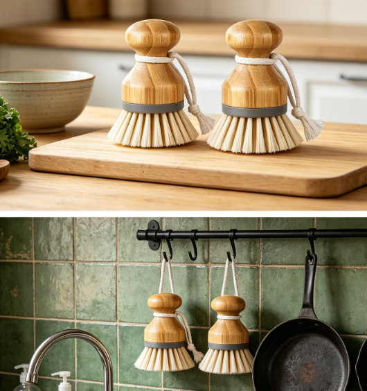 2 Piece Set: Bamboo Palm Grip Kitchen Dish Brush