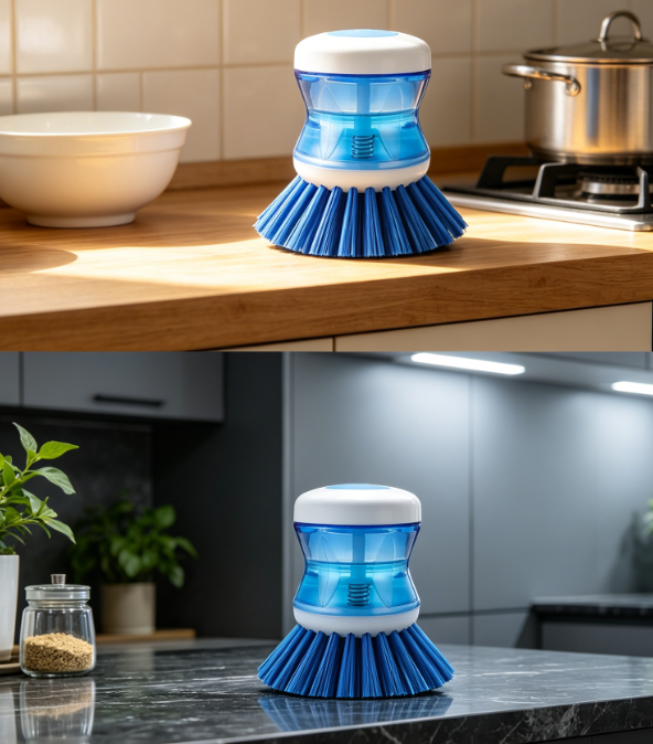 2 Piece Set: Kitchen Dish Brush with Integrated Soap Dispenser