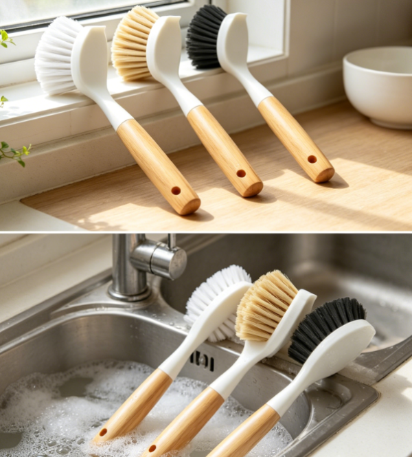 3 Piece Set: Stiff Bristle Dish Brush with Bamboo Handle